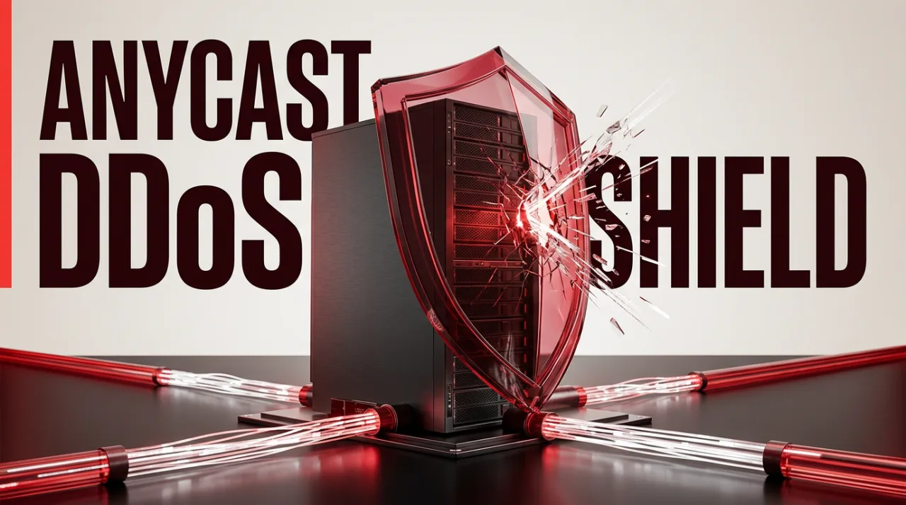 Editorial 3D graphic showing GoDaddy DNS Anycast servers protected by a crimson cyber defense shield