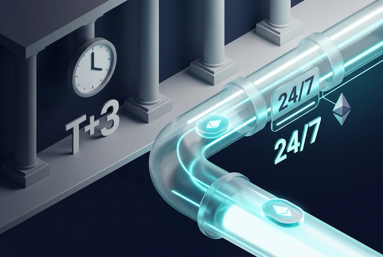 Infographic comparing traditional T+3 bank settlement with instant 24/7 JPM Coin blockchain settlement.