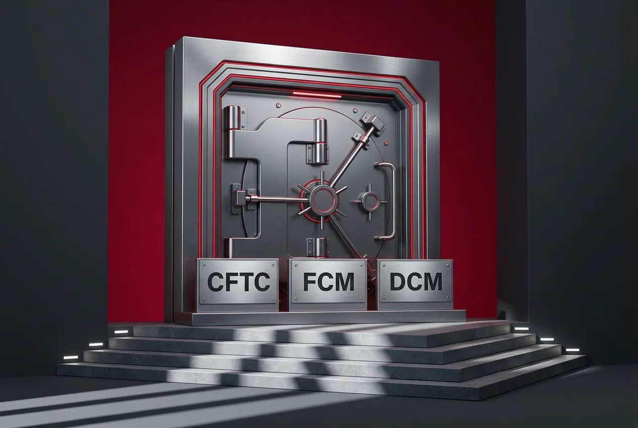 Architectural 3D financial vault gate showing CFTC and derivatives regulatory designations.