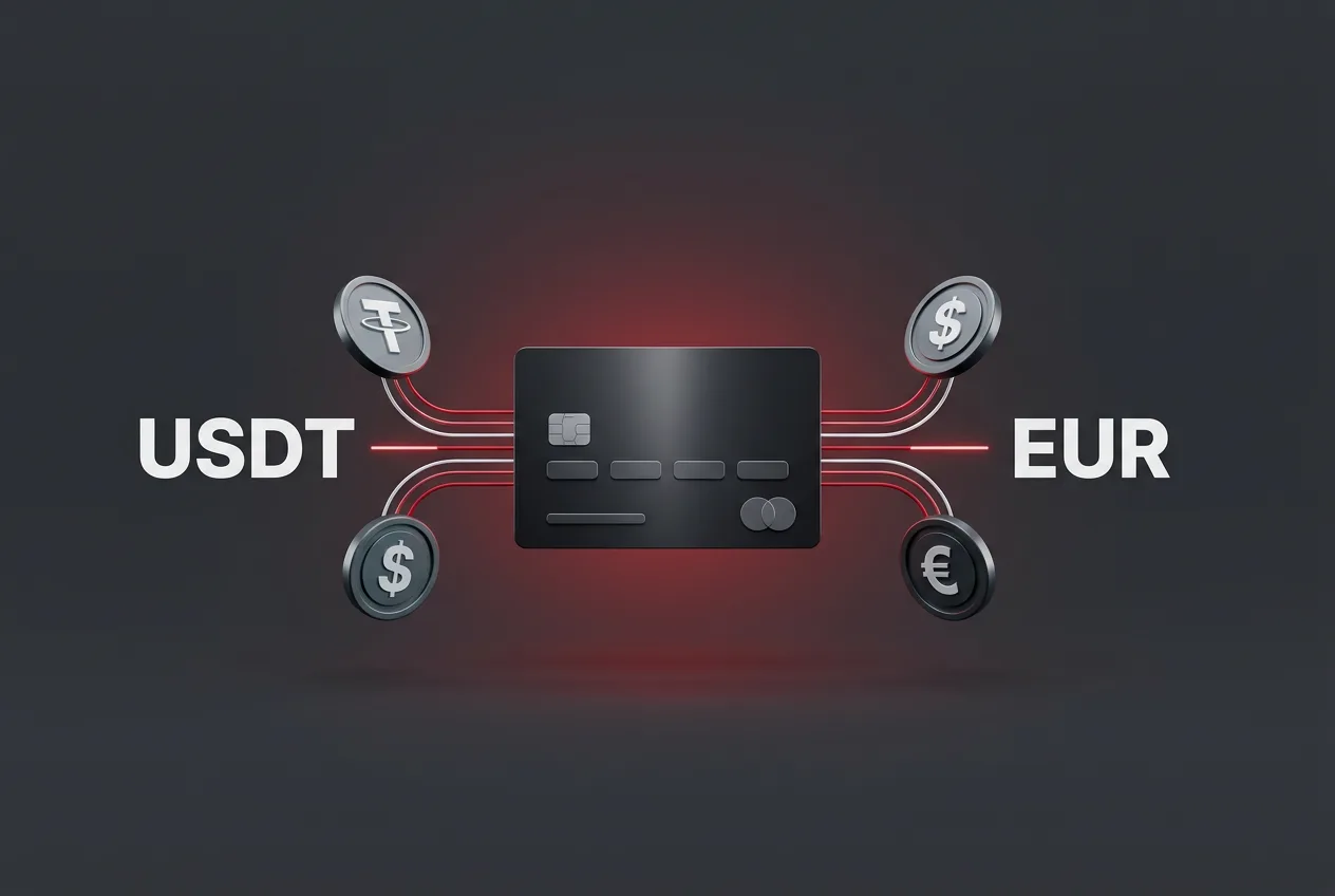 Infographic showing multi-currency cross-border payment routing combining USD, EUR, and USDT stablecoins.