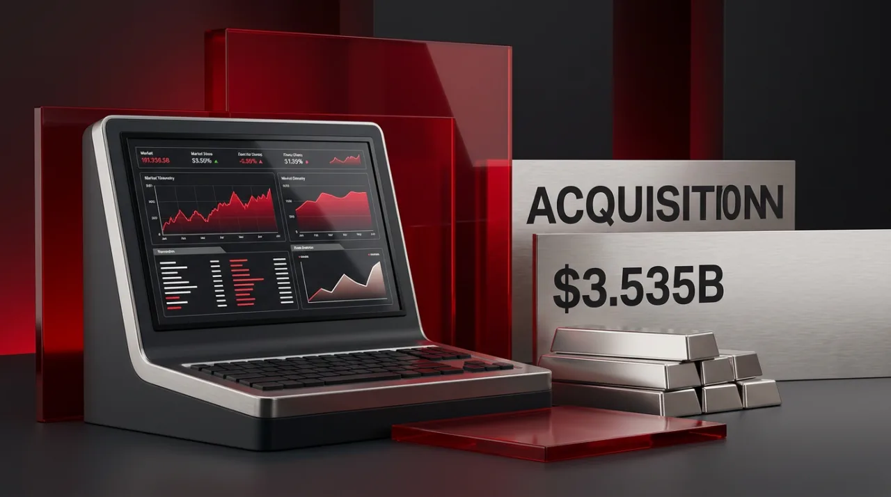 Editorial 3D composition with financial terminal and red glass monoliths marking LSEG's $3.535B acquisition of Octus.
