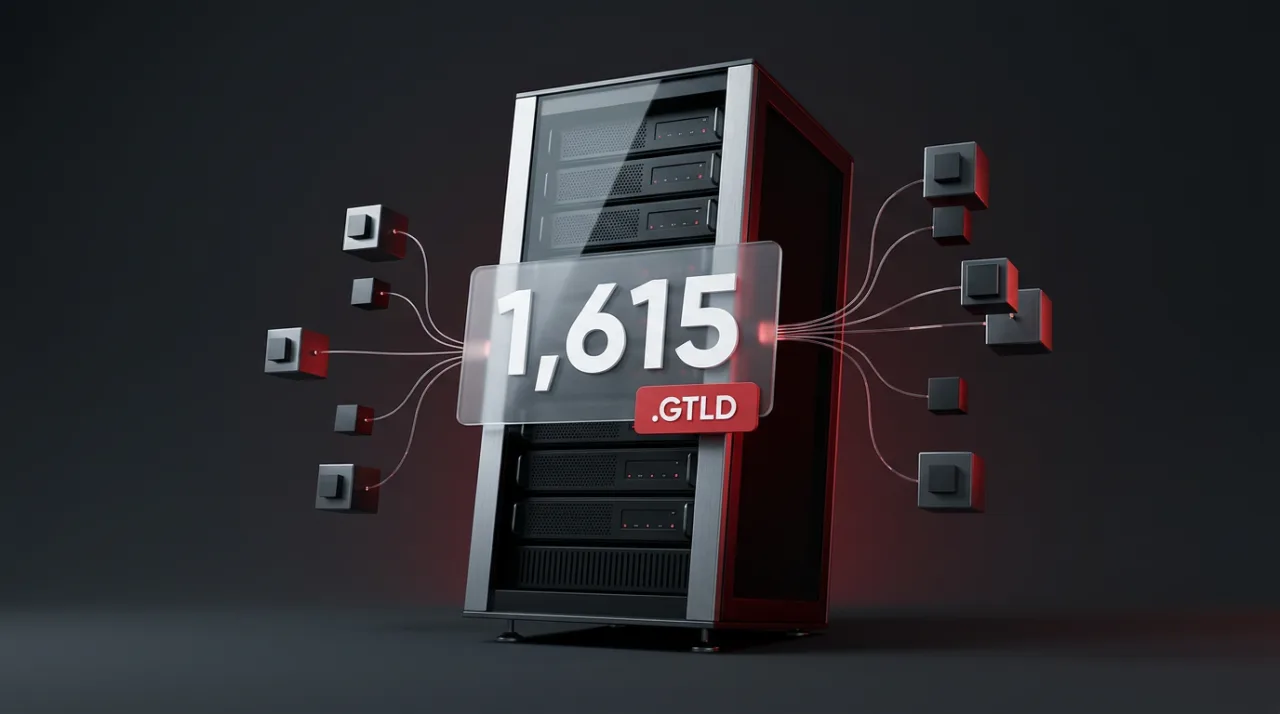 3D editorial render showing 1,615 ICANN new gTLD domain applications on a glowing server display.
