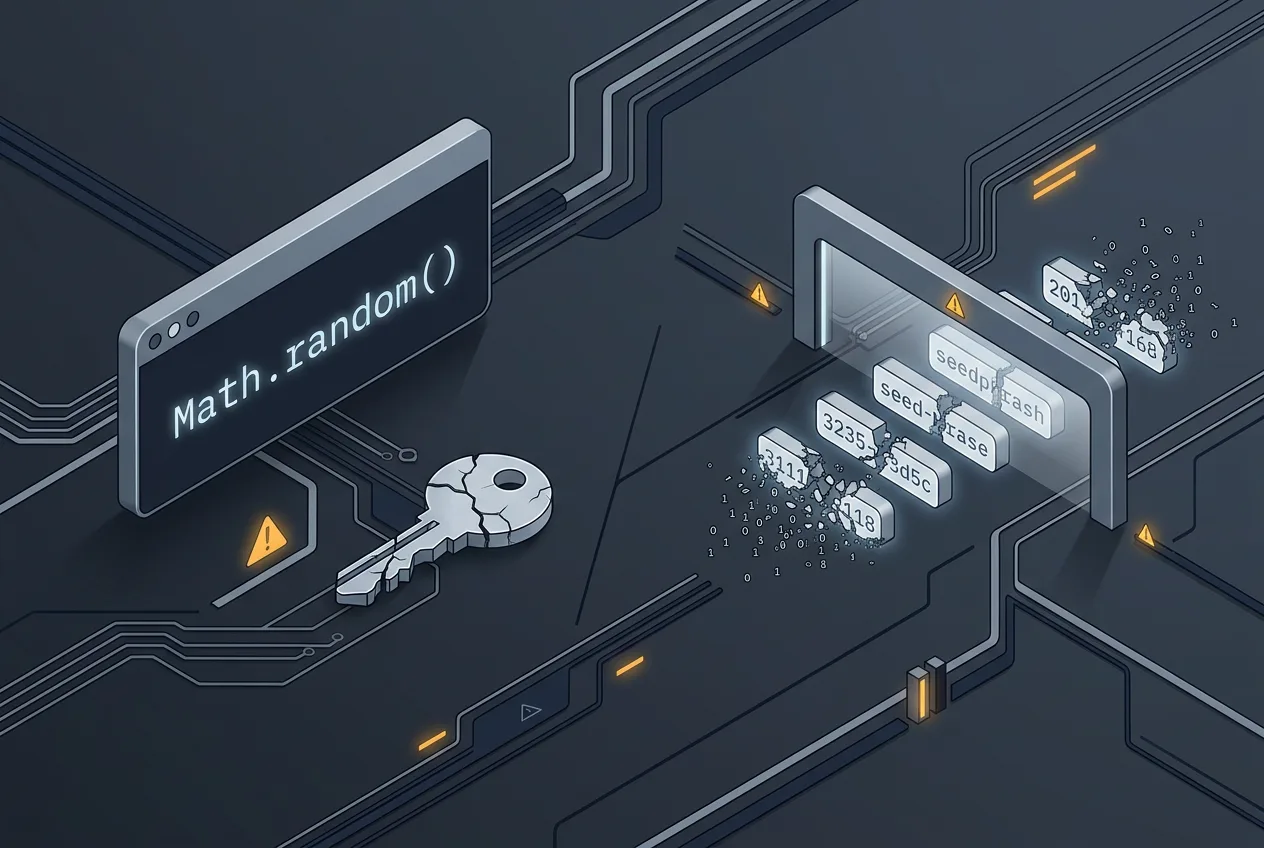Infographic showing a weak Math.random seed phrase vulnerability causing a crypto wallet security breach.