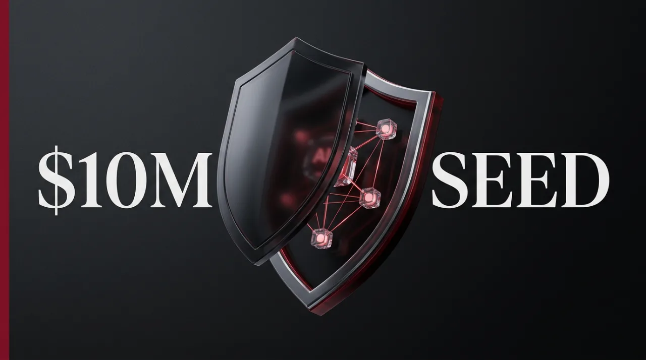 3D editorial graphic showing an obsidian security shield opening over AI agent network nodes with $10M Seed text.