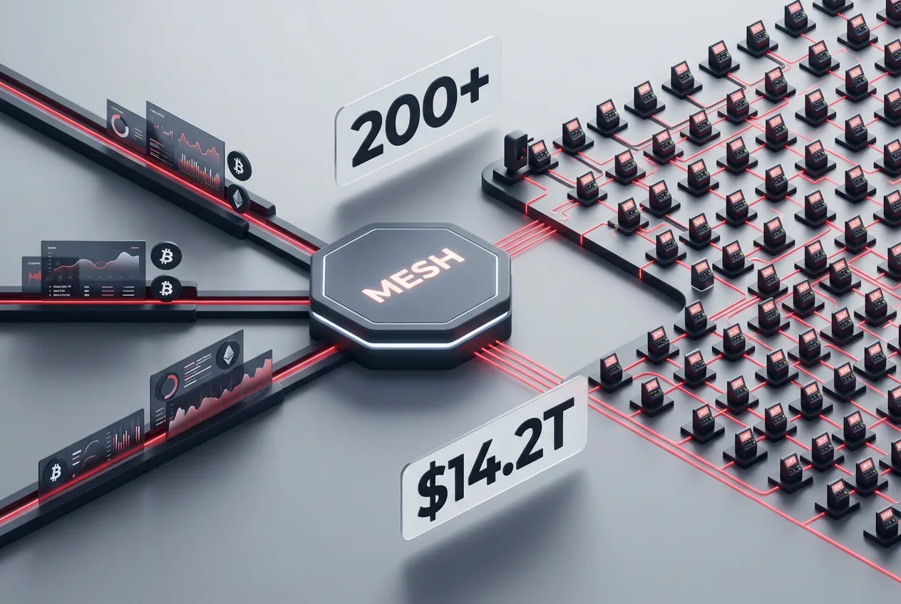 Fintech diagram depicting Mesh payment architecture bridging crypto wallets with Visa transaction rails.