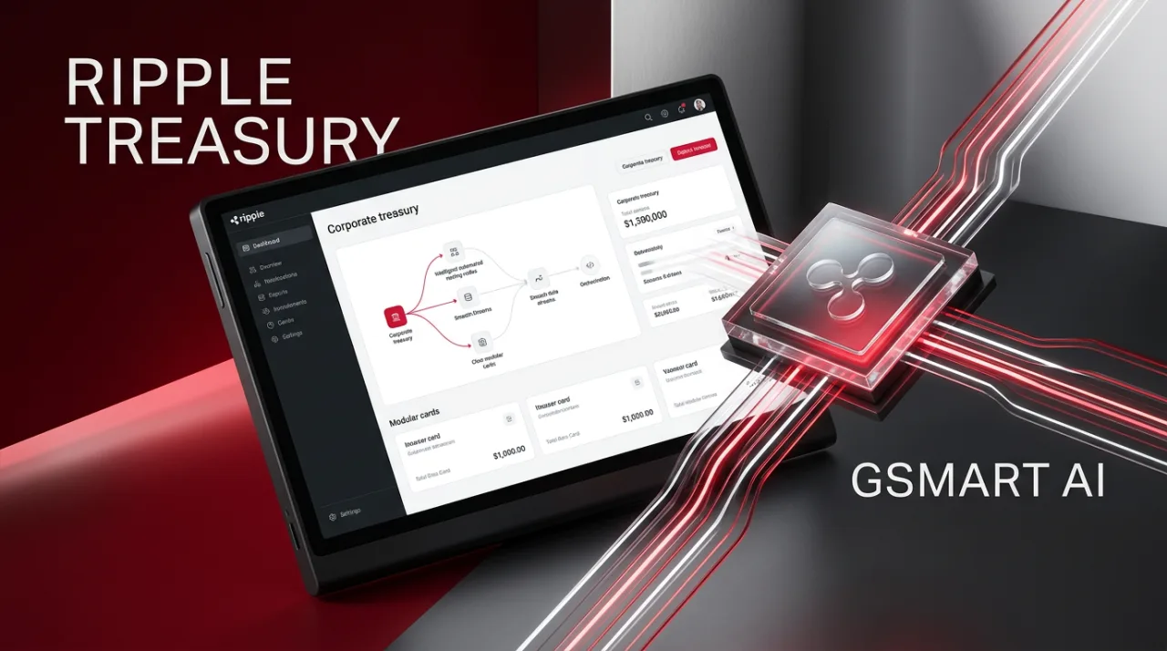 Ripple Treasury and GSmart AI corporate terminal interface in crimson and charcoal editorial styling.