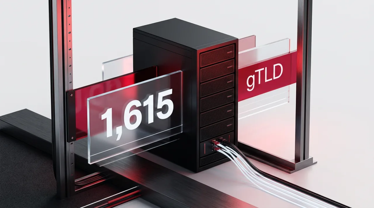 Editorial 3D server rack illustration displaying ICANN gTLD application count of 1,615 on glowing glass plates.