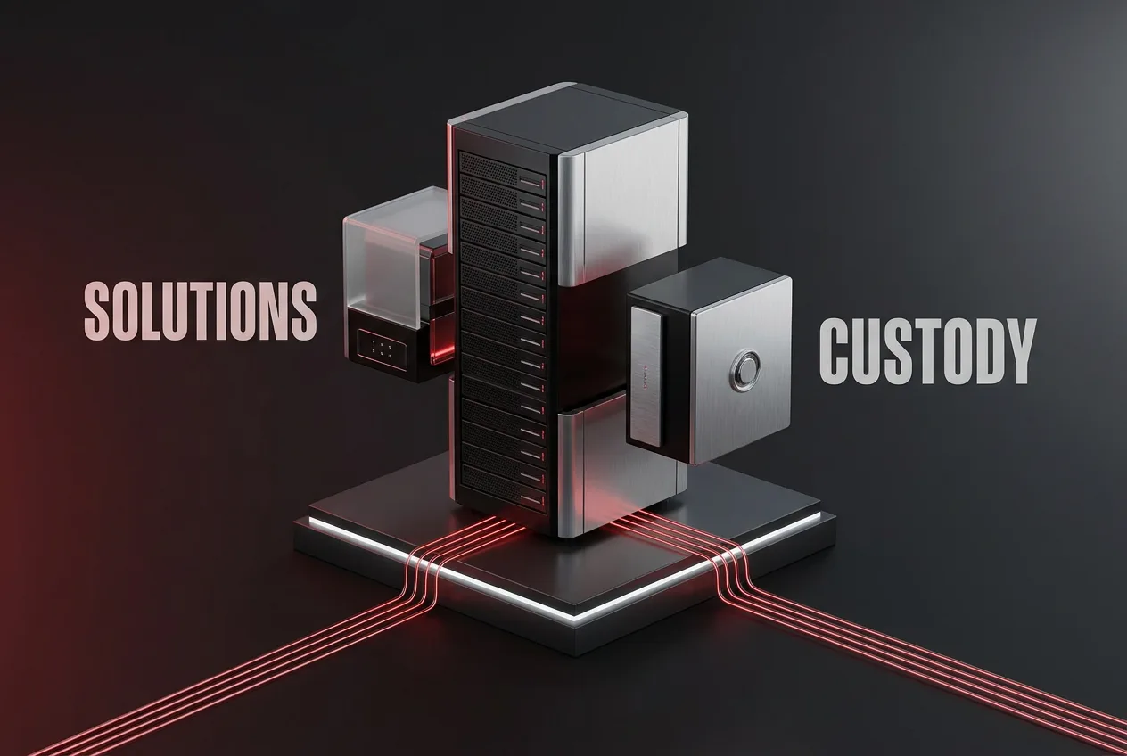 3D infographic showing the operational split of Zodia Custody infrastructure into Zodia Solutions.