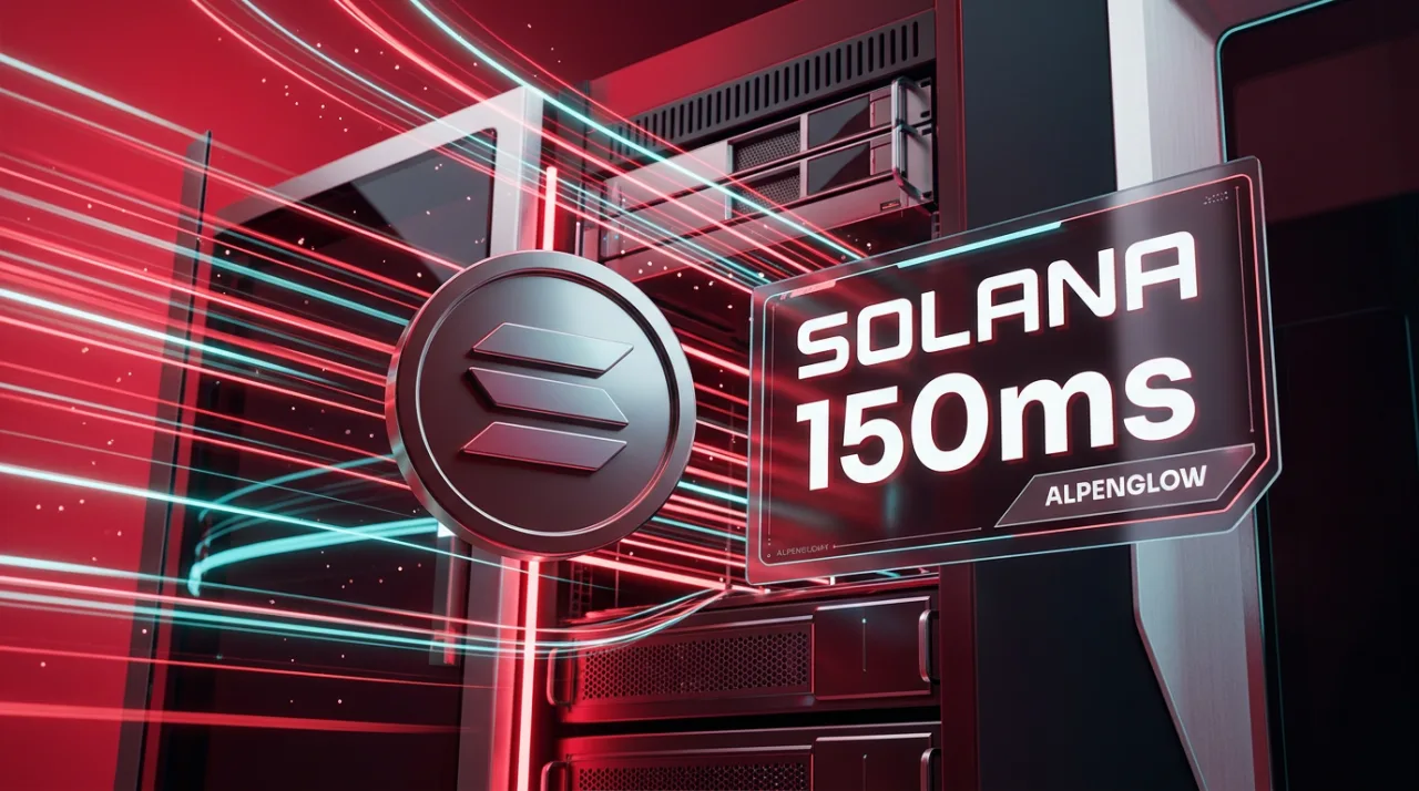 Solana Alpenglow upgrade illustration featuring Solana logo and 150ms transaction finality speed display