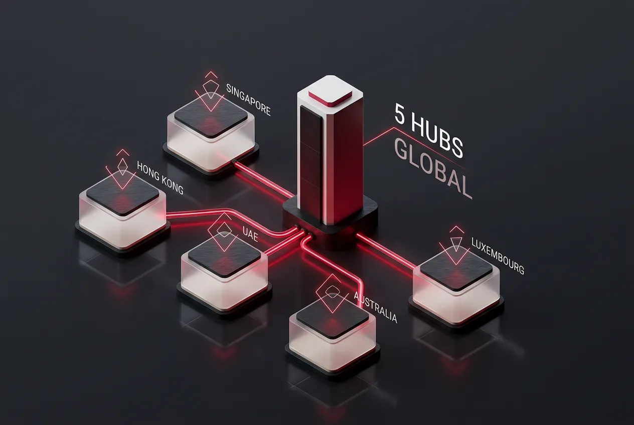 Isometric 3D infographic showing five global institutional crypto custody hubs connecting to a central vault.