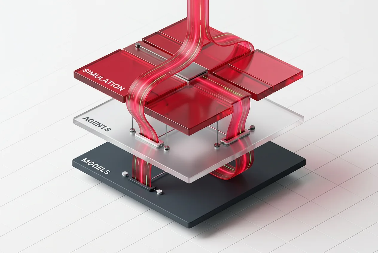 Isometric 3D infographic showing a three-tiered banking AI architecture for models, agents, and simulation.