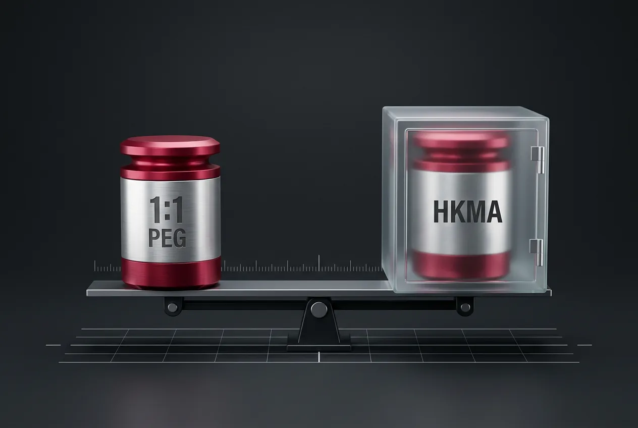 Infographic showing the 1:1 HKD peg and regulatory reserve backing for the HSBC RedCoin stablecoin.