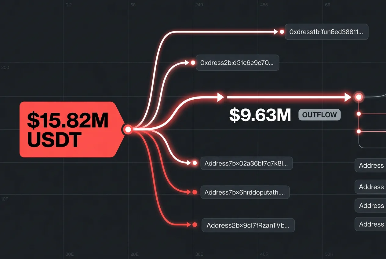 Forensic blockchain transaction chart showing a 15.82 million USDT outflow split into secondary wallets.