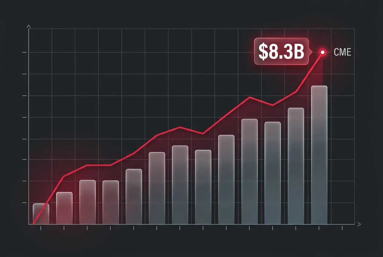 Financial chart illustrating CME crypto futures daily notional volume reaching 8.3 billion dollars.