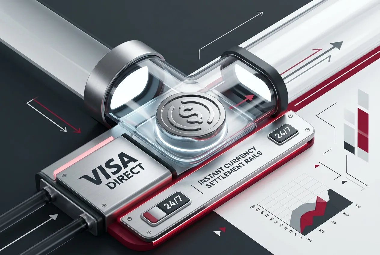 Infographic showing Visa Direct integration of USDC stablecoin prefunding for cross-border payouts.