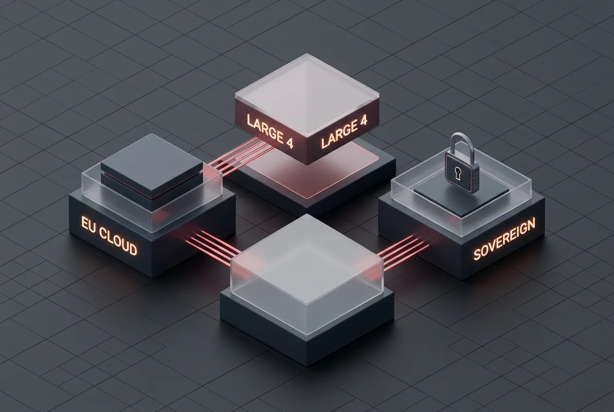 Isometric infographic showing EU cloud data sovereignty and the Mistral Large 4 model integration.