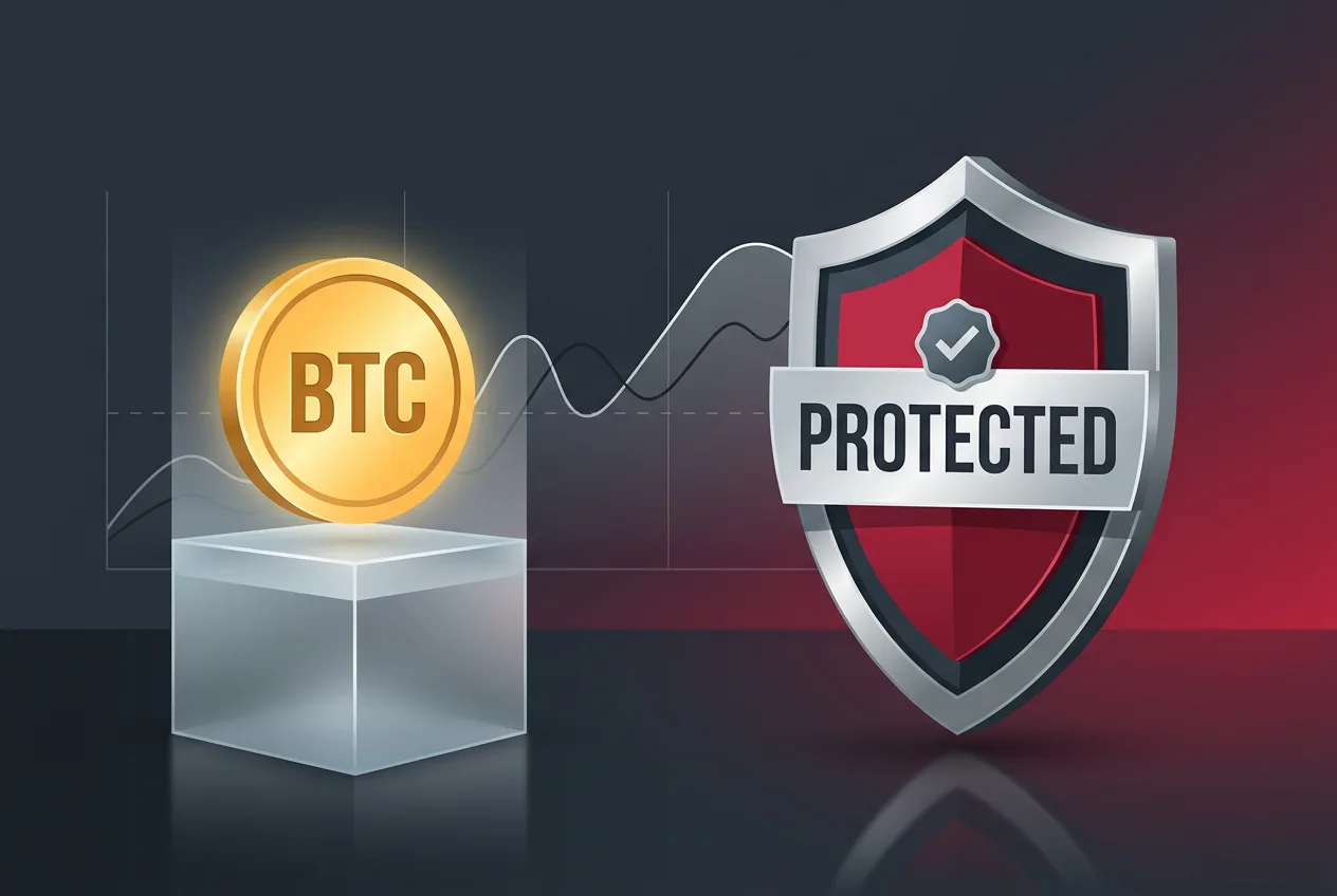 3D infographic showing a Bitcoin token alongside a regulatory compliance shield and risk graph
