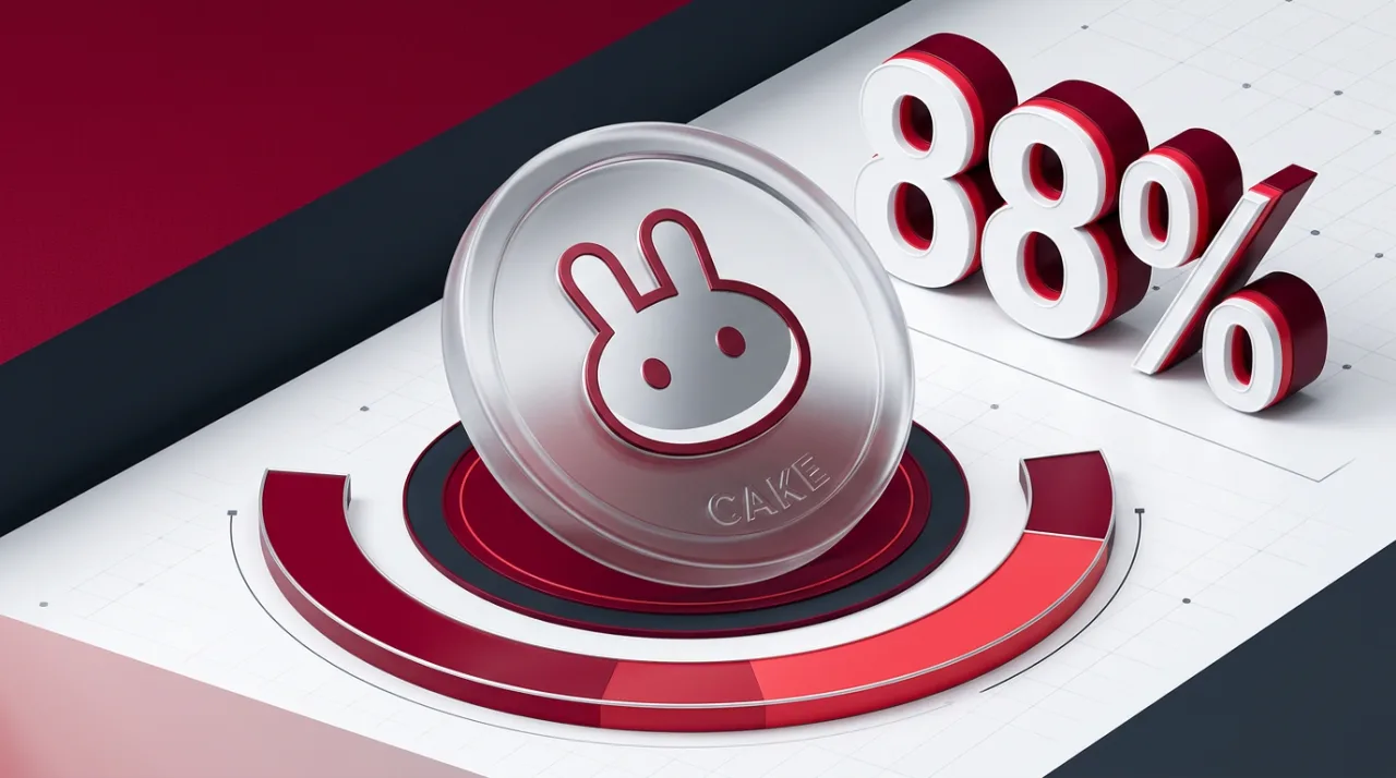 3D editorial visual featuring PancakeSwap CAKE token and 88 percent fee split typography on a dark crimson background.