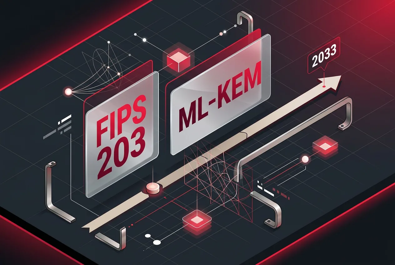 Infographic showing NIST post-quantum standards FIPS 203, ML-KEM, and the 2033 cloud security timeline.