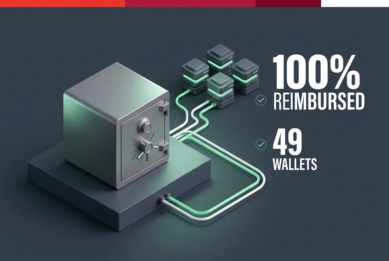 Fintech restitution graphic showing reimbursement channels to 49 drained crypto wallets.