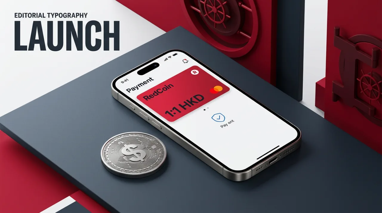 Smartphone displaying HSBC RedCoin HKD stablecoin on PayMe interface beside a minted digital currency token.