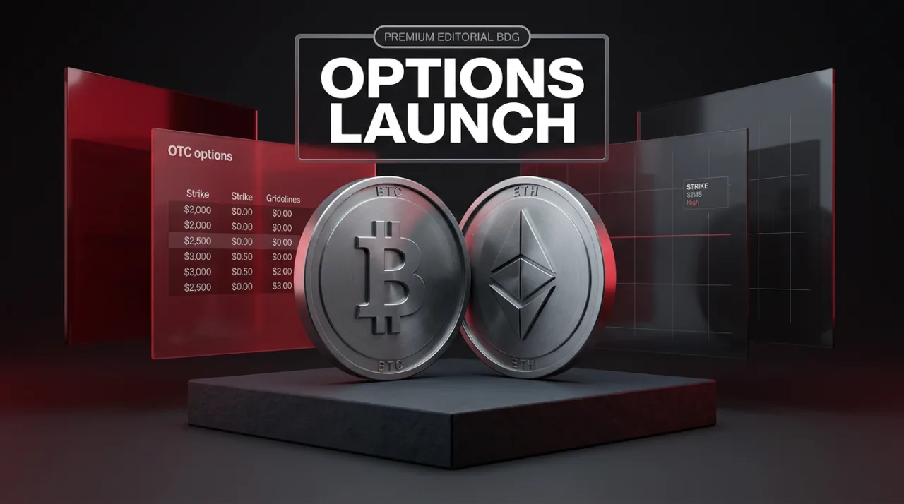 GCEX institutional crypto options launch with Bitcoin and Ethereum tokens in crimson editorial render
