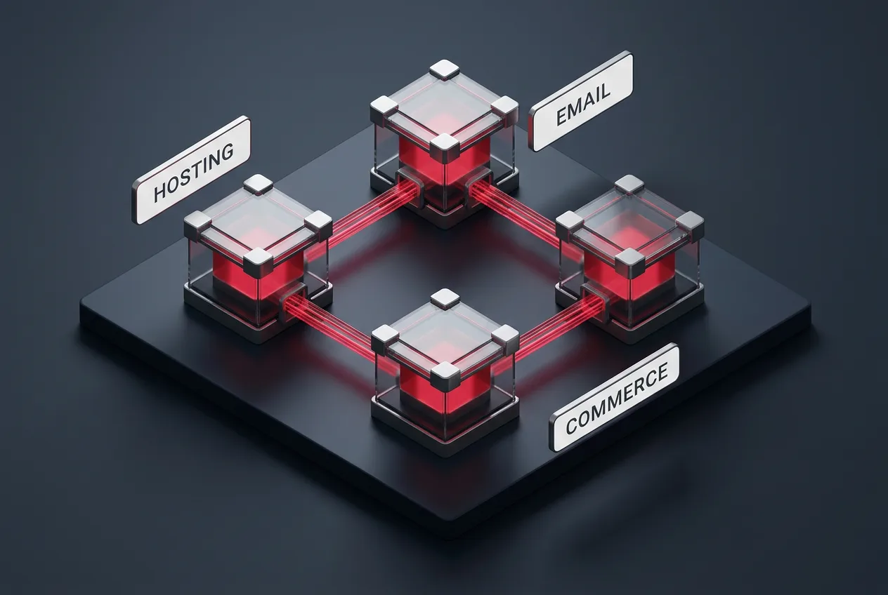 3D isometric modular diagram showing expanded API endpoints for hosting, email, and commerce.