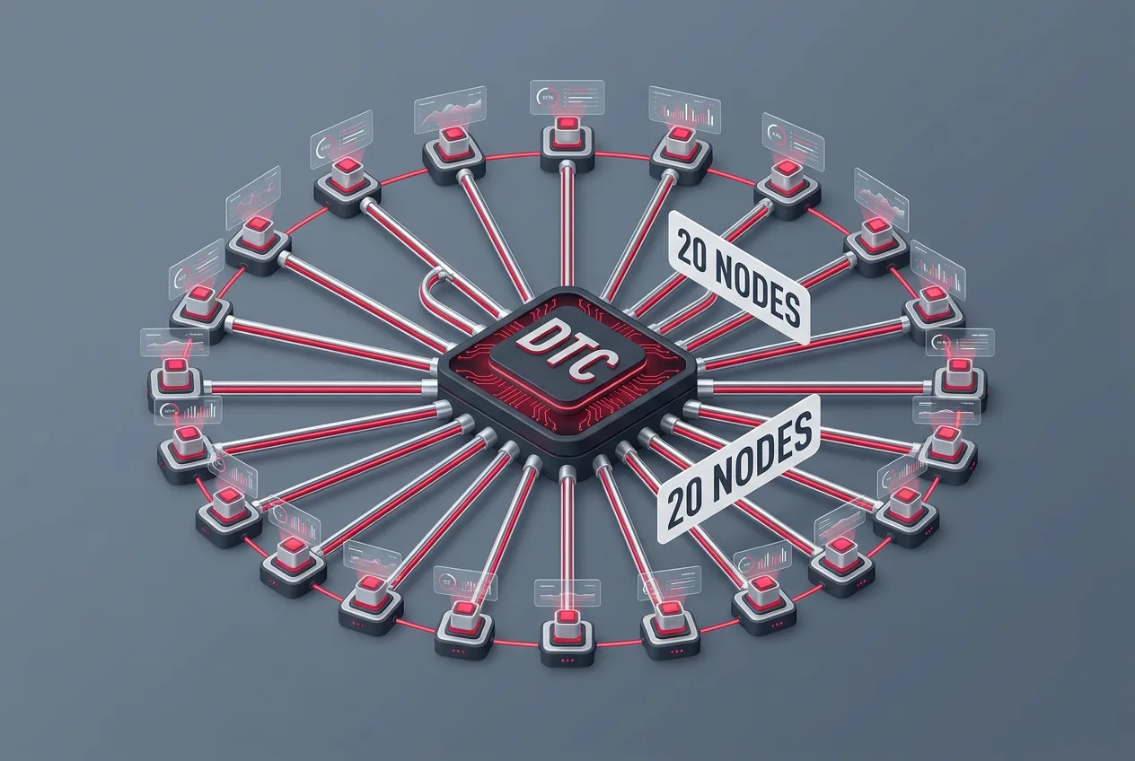 Isometric infographic of 20 institutional DTC participant nodes connected to a central tokenization hub.