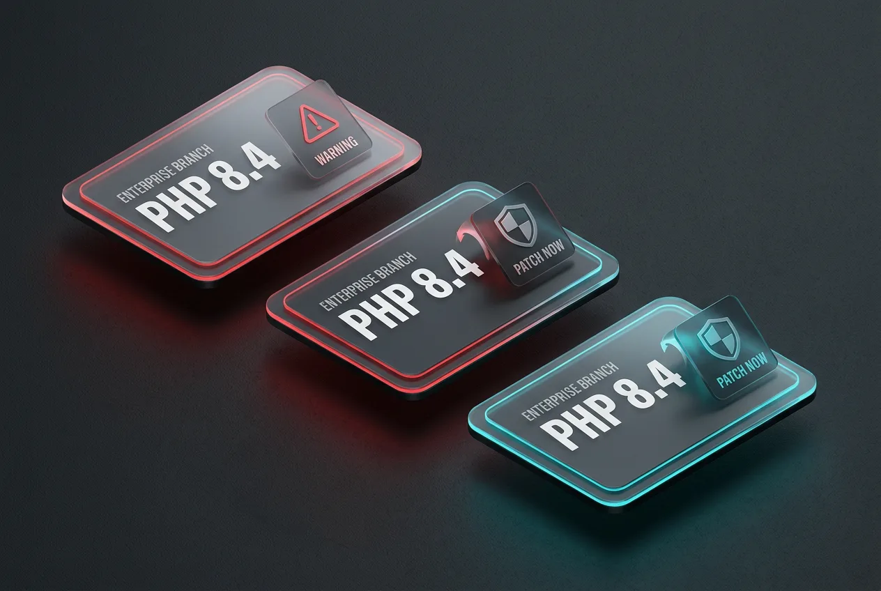 Editorial 3D infographic showing PHP software version cards with security patch shields.