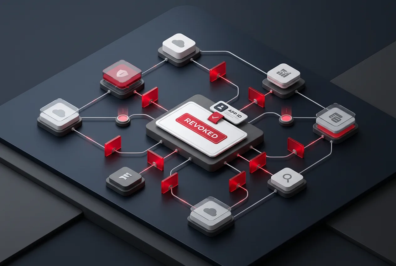 Isometric infographic showing severed cloud connections and revoked enterprise app credentials.