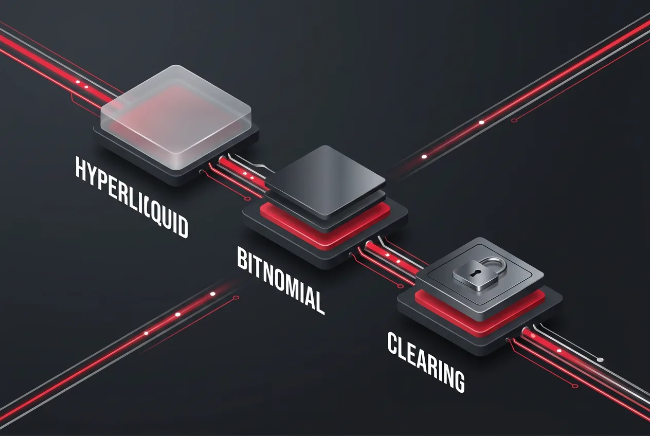 Isometric diagram showing the market structure between Hyperliquid, Bitnomial, and regulated clearing.